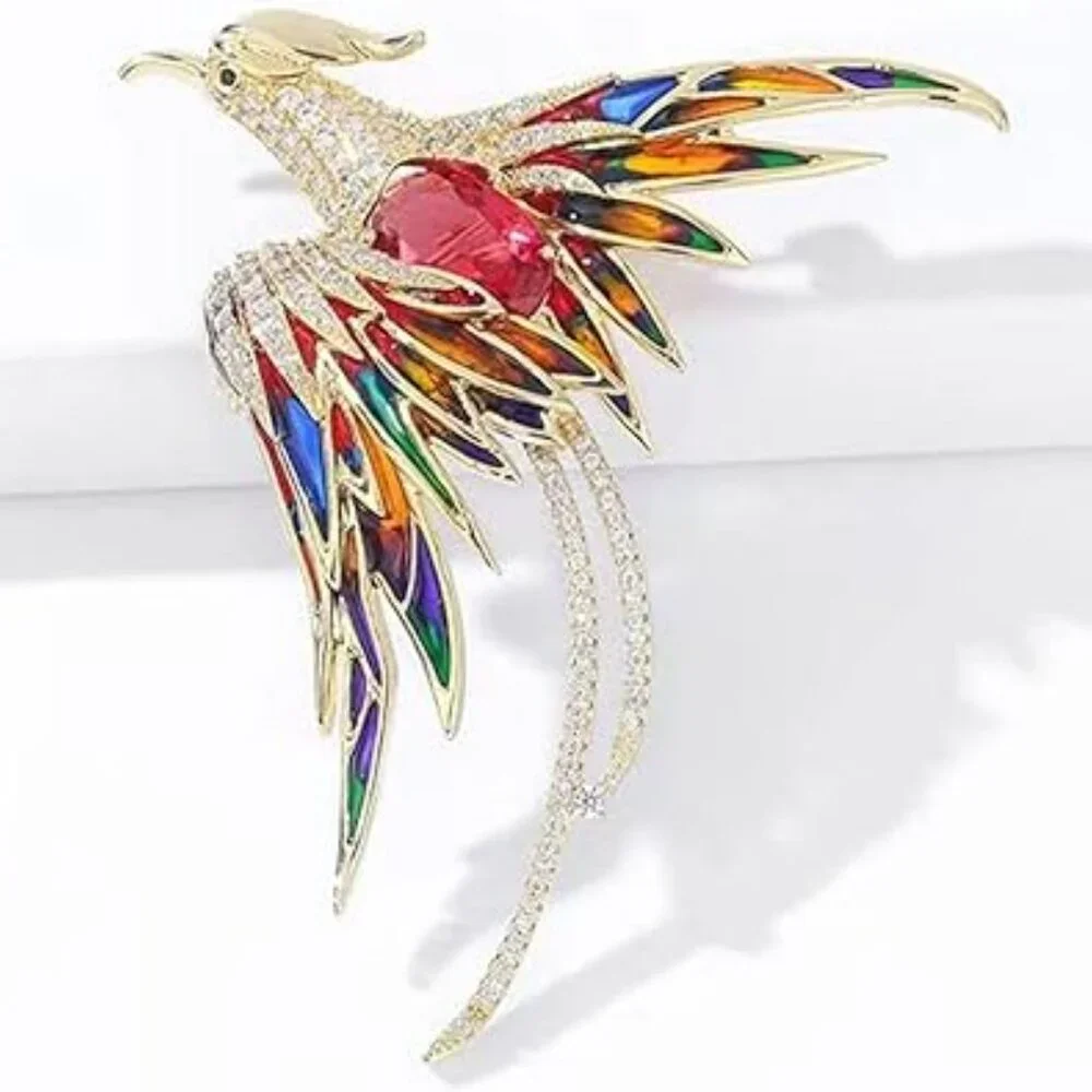 Phoenix Bird Brooch for Women Men Chunky Large Colorful w Gold Bag Accessory‎